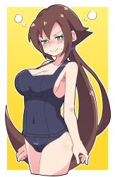 Rule 34 | 1girl, absurdres, aile (mega man zx), black one-piece swimsuit, blush, breasts, brown hair, buzzlyears, green eyes, highres, large breasts, long hair, looking at viewer, mega man (series), mega man zx, mega man zx advent, one-piece swimsuit, ponytail, swimsuit, tagme