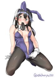 Rule 34 | 1girl, animal ear hairband, animal ears, arm support, artist name, black hair, black pantyhose, blush, breasts, cleavage, detached collar, ebifurya, fake animal ears, full body, gloves, gluteal fold, grey eyes, hair ornament, hairband, hairclip, highres, kantai collection, leotard, long hair, mouth hold, navel, necktie, oyashio (kancolle), pantyhose, playboy bunny, rabbit ear hairband, rabbit ears, simple background, small breasts, solo, spread legs, squatting, twitter username, undressing, unzipping, white background, white gloves