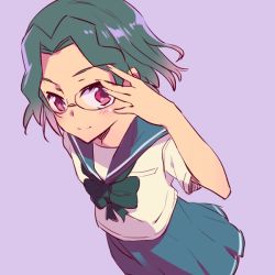 Rule 34 | 1girl, blush, glasses, green hair, kimino tomonari, saki (manga), school uniform, serafuku, short hair, smile, solo, someya mako, tosiki