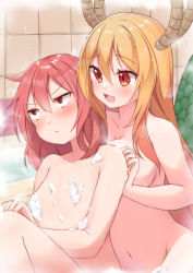 Rule 34 | 2girls, absurdres, atsuki (pink0930cat), bath, bathing, bathtub, blonde hair, blush, breast press, breasts, collarbone, colored tips, commentary request, convenient censoring, dragon girl, dragon horns, dragon tail, fangs, flat chest, hair between eyes, highres, horns, knees up, kobayashi-san chi no maidragon, kobayashi (maidragon), large breasts, long hair, medium hair, multicolored hair, multiple girls, navel, open mouth, orange eyes, orange hair, pout, red eyes, red hair, scales, sitting, slit pupils, smile, soap bubbles, soap censor, steam, straight hair, tail, tile wall, tiles, tohru (maidragon), two-tone hair, v-shaped eyebrows, very long hair, washing another, washing back, yuri