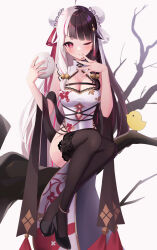Rule 34 | 1girl, absurdres, anklet, bird, black footwear, black hair, black thighhighs, blunt bangs, blush, breasts, china dress, chinese clothes, cleavage, dress, floral print, food, full body, high heels, highres, holding, holding food, in tree, jewelry, large breasts, long hair, looking at viewer, multicolored hair, nijisanji, one eye closed, pelvic curtain, print dress, pumps, red eyes, shin insh, sitting, sitting in tree, solo, thighhighs, tree, very long hair, virtual youtuber, white background, white dress, white hair, yorumi rena, yorumi rena (10th costume)