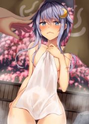 Rule 34 | 1girl, 1other, ahoge, blue eyes, blurry, blurry background, blurry foreground, blush, cherry blossoms, covering privates, cowboy shot, crescent, crescent hair ornament, depth of field, embarrassed, fence, hair between eyes, hair ornament, highres, holding, holding towel, kantai collection, long hair, looking at viewer, naked towel, natsu narumi, nude cover, onsen, open mouth, pov, purple hair, rock, short hair with long locks, solo, solo focus, steam, towel, yayoi (kancolle)
