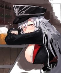 Rule 34 | 1girl, alcohol, azur lane, bad id, bad pixiv id, bar (place), beer, beer mug, black hat, blush, bottle, breasts, commentary request, cup, drinking glass, drunk, graf zeppelin (azur lane), hat, hiccup, indoors, jacket, large breasts, long hair, long sleeves, looking at viewer, messy hair, mug, one eye closed, open mouth, peaked cap, red eyes, silver hair, sitting, solo, squeans, suminagashi, sweat, uniform, very long hair