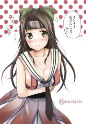 Rule 34 | 1girl, blush, breasts, brown eyes, brown hair, check translation, cleavage, commentary request, forehead protector, hair intakes, half updo, jintsuu (kancolle), jintsuu kai ni (kancolle), kantai collection, large breasts, long hair, narita kou, sideboob, solo, translation request, twitter username