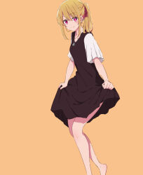 Rule 34 | 1girl, bare legs, barefoot, black dress, blonde hair, blush, closed mouth, collarbone, commentary request, dress, feet out of frame, fukunaga nagisa, hair between eyes, hair ribbon, highres, hoshino ruby, looking at viewer, looking to the side, mismatched pupils, no pupils, one side up, oshi no ko, partial commentary, pinafore dress, pleated sleeves, red ribbon, ribbon, shirt, short sleeves, sidelocks, simple background, skirt hold, sleeveless, sleeveless dress, smile, solo, star-shaped pupils, star (symbol), symbol-shaped pupils, white shirt, yellow background