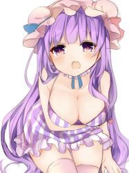 Rule 34 | 1girl, bare arms, blush, breasts, cleavage, cowboy shot, dress, hat, karasusou nano, long hair, looking at viewer, medium breasts, mob cap, open mouth, patchouli knowledge, pink hat, pink thighhighs, purple eyes, purple hair, simple background, solo, striped clothes, striped dress, tears, thighhighs, touhou, very long hair, white background, zettai ryouiki