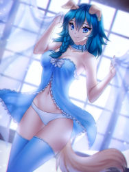 Rule 34 | 1girl, animal ears, artist name, babydoll, backlighting, bare arms, bare shoulders, blue choker, blue eyes, blue hair, blue thighhighs, braid, breasts, choker, cleavage, closed mouth, collarbone, curtains, dog ears, dog tail, dutch angle, frills, gigamessy, hair between eyes, indoors, lingerie, long hair, medium breasts, navel, original, panties, side braid, small breasts, solo, standing, strapless, tail, thighhighs, transparent, tsurime, underwear, underwear only, white panties, window