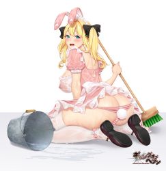Rule 34 | 1girl, animal ears, ass, back, blonde hair, blue eyes, blush, breasts, bucket, butt crack, crying, gang of heaven, hair ribbon, large breasts, maid, mary janes, masami chie, mop, nipples, open mouth, rabbit ears, rabbit tail, ribbon, see-through, shoe soles, shoes, sitting, solo, tail, thighhighs, twintails, underwear, water, wet