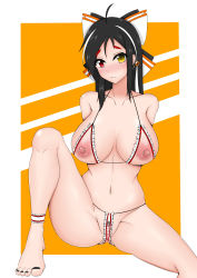 Rule 34 | 1girl, absurdres, arms behind back, artist request, bikini, black hair, blush, breasts, censored, character request, crotchless, crotchless panties, cupless bikini, elsword, feet, female pubic hair, functionally nude, heterochromia, highres, long hair, nail polish, nipple piercing, nipples, panties, piercing, pubic hair, pussy, red eyes, solo, swimsuit, toes, underwear, yellow eyes