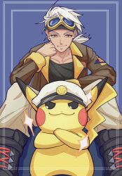 Rule 34 | 1boy, black footwear, black shirt, boots, brown eyes, brown jacket, captain pikachu, clothed pokemon, creatures (company), crossed arms, facing viewer, friede (pokemon), game freak, gen 1 pokemon, goggles, goggles on head, hand on own cheek, hand on own face, haruto irasuto, hat, highres, jacket, looking at viewer, male focus, nintendo, open clothes, open jacket, pants, pikachu, pokemon, pokemon (anime), pokemon (creature), pokemon horizons, shirt, short hair, sitting, standing, white hair, white pants