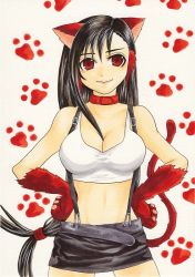 Rule 34 | 1990s (style), 1girl, animal ears, animal hands, belt, black hair, breasts, cat ears, cat paws, cat tail, collar, final fantasy, final fantasy vii, long hair, low-tied long hair, miniskirt, pencil skirt, red eyes, retro artstyle, shibainu honpo, shirt, skirt, solo, suspender skirt, suspenders, tail, taut clothes, taut shirt, tifa lockhart