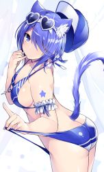Rule 34 | 1girl, animal ear fluff, animal ears, arm garter, ass, bare shoulders, baseball cap, bikini, bikini pull, blue bikini, blue eyes, blue hair, blue hat, breasts, cat ears, cat girl, cat tail, cleavage, closed mouth, clothes pull, collarbone, commentary request, cowboy shot, cross, earrings, expressionless, extra ears, eyewear on head, glint, hair over one eye, halterneck, hand up, hat, heart, heart-shaped eyewear, jewelry, kurebayashi noe, latin cross, looking at viewer, looking to the side, medium breasts, original, short hair, sidelocks, solo, standing, star (symbol), star earrings, star tattoo, sunglasses, swimsuit, tail, tattoo, thighs
