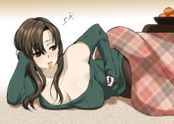 Rule 34 | 1girl, blush, bowl, breasts, brown eyes, brown hair, cleavage, clothes pull, food in mouth, head rest, kotatsu, large breasts, long hair, lying, mattari yufi, mouth hold, off shoulder, on side, orange hair, original, pantyhose, pantyhose pull, plaid, ribbed sweater, solo, sweater, table