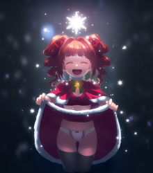 Rule 34 | 1girl, :d, ^ ^, bad id, bad pixiv id, bell, bow, bow panties, cape, christmas, cloak, closed eyes, clothes lift, cropped legs, closed eyes, hanon (heartofsword), highres, idolmaster, idolmaster (classic), open mouth, orange hair, panties, red hair, santa costume, skirt, skirt lift, smile, snow, snowflakes, snowing, solo, star (symbol), takatsuki yayoi, thigh gap, thighhighs, twintails, underwear