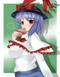 Rule 34 | 1girl, blue hair, breasts, circussion, female focus, frills, gradient background, hat, nagae iku, red eyes, solo, touhou