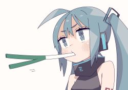 Rule 34 | 1girl, ahoge, blue eyes, blue hair, blush, eating, hatsune miku, highres, icon 315, long hair, simple background, sleeveless, solo, spring onion, twintails, vocaloid