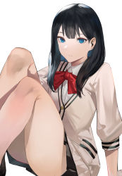 Rule 34 | 1girl, ass, bare legs, black hair, black skirt, blazpu, blue eyes, bow, cardigan, closed mouth, collared shirt, commentary, english commentary, expressionless, eyelashes, gridman universe, highres, leaning back, legs together, long hair, long sleeves, looking at viewer, microskirt, pleated skirt, red bow, red neckwear, school uniform, shirt, sidelocks, simple background, sitting, skirt, solo, ssss.gridman, takarada rikka, thighs, white background, white cardigan, white shirt