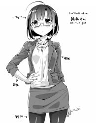 Rule 34 | 1girl, ahoge, breasts, contrapposto, dated, dithering, garnet, glasses, greyscale, halftone, hand on own hip, highres, miniskirt, monochrome, pantyhose, pencil skirt, short hair, short sleeves, simple background, skirt, solo, standing