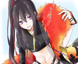 Rule 34 | 1boy, androgynous, black hair, cosplay, crop top, feather boa, high ponytail, hip focus, japanese clothes, long hair, male focus, midriff, namazuo toushirou, navel, open mouth, ponytail, purple eyes, ribbon, shizukagata naginata, shizukagata naginata (cosplay), smile, solo, stomach, thighs, touken ranbu, trap, very long hair