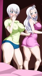 Rule 34 | 2girls, absurdres, alternate costume, ass, bare shoulders, bed, blue eyes, blush, breasts, casual, covering own mouth, curvy, edjim, embarrassed, excited, fairy tail, female focus, hand over own mouth, highres, large breasts, lisanna strauss, long hair, looking at viewer, looking back, mirajane strauss, multiple girls, nipples, pajamas, pale skin, short hair, shorts, siblings, sisters, smile, surprised, tattoo, thick thighs, thighhighs, thighs, third-party edit, white hair