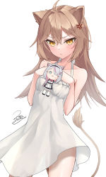 Rule 34 | 1girl, :t, ahoge, anger vein, animal ears, bare arms, bare shoulders, blush, breasts, brown hair, character doll, closed mouth, collarbone, dress, frilled dress, frills, hair intakes, highres, indie virtual youtuber, lion ears, lion girl, lion tail, lolo (vtuber), long hair, looking at viewer, pout, rurudo lion, rurudo lion (1st costume), signature, simple background, sleeveless, sleeveless dress, small breasts, solo, sundress, tail, very long hair, virtual youtuber, white background, white dress, z.m. (zimin)