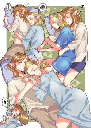 Rule 34 | !, !!, 1boy, 1girl, arm pillow, babigonice, blonde hair, blue shirt, blush, border, brown pants, closed eyes, commentary, couple, cuddling, dress, earrings, english commentary, heart, highres, holding hands, jewelry, link, lying, medium hair, multiple views, nintendo, official alternate hair length, official alternate hairstyle, on back, on side, outside border, pants, parted bangs, parted lips, pillow, pointy ears, princess zelda, shirt, short hair, slapping, sleeping, the legend of zelda, the legend of zelda: tears of the kingdom, triforce, white border, white shirt, zzz