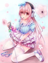 Rule 34 | 1girl, bad anatomy, bad proportions, blush, bow, breasts, unworn eyewear, flower, glasses, headphones, highres, large breasts, long hair, looking at viewer, microphone, microphone stand, nitroplus, open mouth, pink hair, red eyes, sawa nao, shiny skin, shirt, sitting, solo, super sonico, taut clothes, taut shirt, thighhighs, wariza