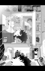 Rule 34 | 4boys, alarm clock, bathroom, cigarette, clock, cup, day, faucet, greyscale, hand up, highres, kazama souya, kizaki reiji, kzmsnmjkk, laundry basket, letterboxed, lighter, long sleeves, looking at viewer, looking to the side, male focus, mirror, monochrome, multiple boys, out of frame, plant, potted plant, razor, reflection, reflection focus, shampoo bottle, shelf, short hair, sink, solo focus, spiked hair, spray can, sunlight, suwa koutarou, terashima raizou, toilet paper, toothpaste, towel, watch, world trigger, wristwatch