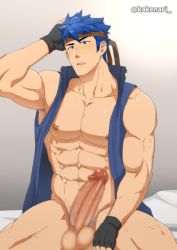 Rule 34 | 1boy, abs, bara, blue eyes, blue hair, censored, erection, fire emblem, fire emblem: path of radiance, fire emblem: radiant dawn, headband, ike (fire emblem), kakenari, large pectorals, male focus, mosaic censoring, muscular, nintendo, nipples, nude, paid reward available, pectorals, penis, shiny skin, short hair, solo, testicles, thick thighs, thighs, twitter username, upper body