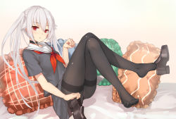 Rule 34 | 1girl, :o, ass, black choker, black footwear, black pantyhose, black skirt, blouse, cameltoe, choker, clenched hand, commentary request, crossed legs, do2mi doreimi, feet, unworn footwear, hair between eyes, hand up, highres, holding, holding shoes, knees up, leg up, loafers, long hair, looking at viewer, miniskirt, neckerchief, original, pantyhose, parted lips, pillow, reclining, red eyes, red neckerchief, sailor collar, school uniform, shirt, shoes, unworn shoes, short sleeves, sidelocks, skirt, solo, thighband pantyhose, twintails, white hair, white sailor collar