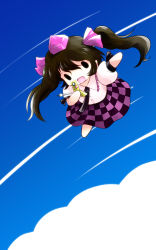 Rule 34 | 1girl, black hair, cellphone, cloud, female focus, flying, hat, highres, himekaidou hatate, long hair, necktie, open mouth, outstretched arms, phone, puffy sleeves, short sleeves, sky, solo, tokin hat, touhou, twintails, yume shokunin