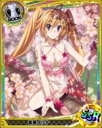 Rule 34 | 1girl, bare shoulders, blush, breast hold, breasts, card (medium), character name, chess piece, cleavage, high school dxd, large breasts, long hair, looking at viewer, official art, orange hair, purple eyes, rook (chess), shidou irina, solo, trading card, twintails, very long hair
