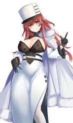 Rule 34 | 1girl, absurdres, azur lane, black gloves, breasts, cape, cleavage, gloves, glowing, hat, highres, large breasts, looking at viewer, ojisan f, one eye covered, pantyhose, red hair, russian clothes, simple background, solo, volga (azur lane), white background, yellow eyes