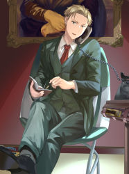 Rule 34 | 1boy, black footwear, bomb, chain, child, collared shirt, corded phone, crossed legs, explosive, fine art parody, green jacket, green pants, green vest, grey socks, highres, holding, holding pen, indoors, jacket, male focus, mona lisa, mosta (lo1777789), necktie, on chair, pants, parody, pen, phone, picture frame, red necktie, shirt, shoe soles, shoes, sitting, socks, solo, spy x family, table, twilight (spy x family), vest, white shirt