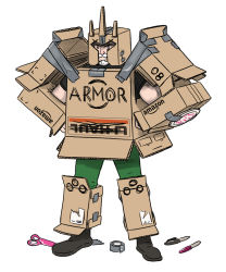 Rule 34 | 1boy, alpha gamboa, amazon (company), black footwear, black shirt, boots, box, cardboard box, cardboard box gundam, commentary, cosplay, costume, danboo (cosplay), drawing, duct tape, full body, green pants, hands on own hips, male focus, marker, overwatch, overwatch 1, pants, reinhardt (overwatch), scissors, shirt, simple background, solo, standing, t-shirt, white background