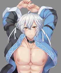 Rule 34 | 1boy, ahoge, arms up, bare pectorals, blush, brown hair, choker, closed mouth, collarbone, embarrassed, glasses, grey background, long sleeves, looking at viewer, lying, male focus, morichika rinnosuke, muscular, nipples, on back, oota minoru, open mouth, pectorals, ribbon, semi-rimless eyewear, silver hair, simple background, solo, stomach, sweatdrop, touhou, upper body, wavy mouth
