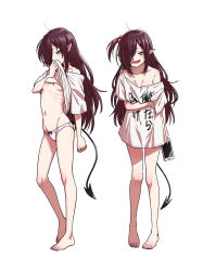 Rule 34 | 1girl, bags under eyes, bare legs, barefoot, bow, bow panties, breasts, breasts apart, brown hair, cellphone, cleavage, clothes lift, covering own mouth, demon tail, feet, full body, fumitan (humitan), hair bobbles, hair ornament, hair over one eye, highres, holding, holding phone, lifting own clothes, long hair, looking at viewer, messy hair, multiple views, navel, off shoulder, one side up, open mouth, original, panties, phone, pink panties, pointy ears, ribs, shirt, shirt lift, simple background, small breasts, smartphone, smile, stomach, swept bangs, tail, toes, underboob, underwear, very long hair, white background, white shirt, yellow eyes