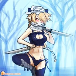 Rule 34 | 1girl, blonde hair, blue background, blush, braid, braided ponytail, breasts, cameltoe, cat lingerie, chest sarashi, cleavage, cleavage cutout, clothing cutout, hair over one eye, long hair, looking at viewer, lumineko, mask, medium breasts, meme attire, navel, nintendo, outdoors, panties, pointy ears, red eyes, sarashi, sheik, solo, standing, super smash bros., sword, the legend of zelda, the legend of zelda: ocarina of time, tree, turban, underwear, wakizashi, weapon