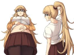 Rule 34 | 1girl, belly, bespectacled, black-framed eyewear, black pantyhose, blonde hair, blue eyes, breasts, brown skirt, clothes lift, female focus, glasses, hand in own hair, hand on own stomach, highres, jacket, large breasts, long hair, looking at viewer, multiple views, navel, open mouth, orange jacket, pantyhose, peach88, ponytail, shirt, shirt lift, simple background, skirt, third-party edit, very long hair, white background, white shirt