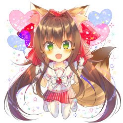 Rule 34 | 1girl, :d, animal ears, balloon, bell, blush, brown hair, chibi, commentary request, fang, fox ears, fox girl, fox tail, gloves, green eyes, hair bell, hair between eyes, hair intakes, hair ornament, heart, heart balloon, highres, holding, holding balloon, jingle bell, kneeling, long hair, monaka natsume, open mouth, original, pleated skirt, red skirt, sailor collar, school uniform, serafuku, shirt, shoes, simple background, skirt, smile, solo, striped clothes, striped skirt, tail, thighhighs, uwabaki, vertical-striped clothes, vertical-striped skirt, very long hair, white background, white footwear, white gloves, white sailor collar, white shirt, white thighhighs