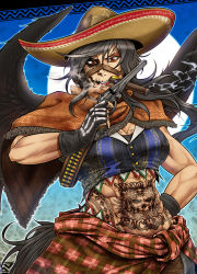 Rule 34 | 1girl, abs, alternate costume, bare arms, black hair, black wings, breasts, bridle, buttons, cigar, cleavage, commentary request, crop top, cropped shirt, facial tattoo, fingerless gloves, gloves, gun, hand on own hip, hand up, handgun, hat, highres, holding, holding gun, holding weapon, kurokoma saki, long hair, midriff, mouth hold, navel, open mouth, poncho, print gloves, revolver, ryuuichi (f dragon), shirt, skeleton print, skull tattoo, smoke, smoking, solo, stomach, stomach tattoo, tail, tattoo, toned, touhou, v-shaped eyebrows, veins, veiny arms, weapon, wings