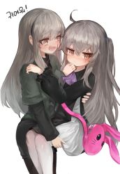Rule 34 | 2girls, :d, ahoge, animal bag, ascot, bad id, bad pixiv id, bag, black dress, black legwear, blood, blush, brown eyes, carrying, closed mouth, commentary request, dokomon, dress, facial scar, girls&#039; frontline, green jacket, grey hair, hair between eyes, hair tie, jacket, korean commentary, korean text, long hair, long sleeves, multiple girls, official alternate costume, one side up, open clothes, open jacket, open mouth, pantyhose, puffy long sleeves, puffy sleeves, purple ascot, rabbit bag, scar, scar across eye, scar on cheek, scar on face, shoulder bag, simple background, smile, tears, translation request, ump40 (girls&#039; frontline), ump45 (agent lop rabbit) (girls&#039; frontline), ump45 (girls&#039; frontline), very long hair, white background, white legwear