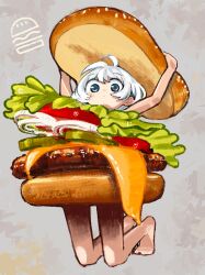 Rule 34 | 1girl, absurdres, ahoge, arms up, barefoot, blue eyes, burger, burger costume, closed mouth, dolphilia, dot mouth, food, food costume, grey background, highres, kneeling, looking at viewer, no nose, no pants, original, short hair, solo, white hair