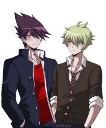 Rule 34 | 2boys, alternate costume, amami rantaro, antenna hair, black jacket, black pants, brown pants, closed mouth, collarbone, collared shirt, commentary, criis-chan, danganronpa (series), danganronpa v3: killing harmony, diagonal-striped clothes, diagonal-striped necktie, diagonal-striped neckwear, english commentary, facial hair, goatee, green eyes, green hair, hair between eyes, hands in pockets, jacket, looking at another, looking at viewer, male focus, momota kaito, multiple boys, necktie, open clothes, open collar, open jacket, pants, purple eyes, red shirt, school uniform, shirt, simple background, sleeves rolled up, spiked hair, striped clothes, striped neckwear, upper body, white shirt