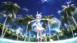 Rule 34 | 1girl, absurdres, animal ears, beach, bloom, bracelet, choker, day, djmax, djmax portable, djmax technika, dress, fisheye, flower, forest, hair flower, hair ornament, highres, jewelry, lens flare, light rays, nature, open mouth, outstretched arms, palm tree, rabbit ears, red eyes, sandals, scan, sea spray, smile, solo, spread arms, suee, sunbeam, sunlight, tree, wallpaper, white hair, yuuki tatsuya