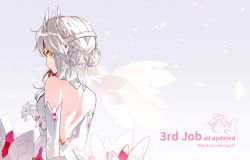 Rule 34 | back, backless outfit, braid, braided bun, code: esencia (elsword), double bun, dress, elbow gloves, elsword, eve (elsword), expressionless, facial mark, forehead jewel, gem, gloves, hair bun, highres, hwansang, looking back, silver hair, simple background, solo, text focus, tiara, yellow eyes