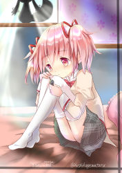 Rule 34 | 1girl, blush, frown, grief seed, highres, hoshikage wataru, hugging own legs, kaname madoka, knees to chest, kyubey, legs folded, mahou shoujo madoka magica, mahou shoujo madoka magica (anime), no panties, pink eyes, pink hair, school uniform, shadow, sitting, solo, tears, thighhighs, twintails, white thighhighs