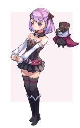 Rule 34 | 1girl, bare shoulders, belt, black collar, black dress, black footwear, black headwear, black jacket, black ribbon, black thighhighs, blush, boots, breasts, cape, collar, collarbone, colonel olcott (fate), commentary, detached collar, detached sleeves, dress, fate/grand order, fate (series), frilled boots, frilled dress, frilled footwear, frilled sleeves, frills, full body, hair ribbon, hat, helena blavatsky (fate), highres, interlocked fingers, jacket, long sleeves, miya (miyaruta), outstretched arms, peaked cap, pink background, puffy long sleeves, puffy sleeves, purple eyes, purple hair, red belt, red cape, ribbon, robot, sefirot, short hair, small breasts, standing, strapless, strapless dress, stretching, thighhighs, thighhighs under boots, two-tone background, white background, white sleeves