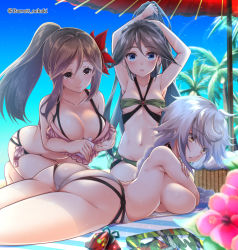 Rule 34 | 3girls, alternate costume, amagi (kancolle), armpits, arms up, ass, bare arms, bare shoulders, baretto (firearms 1), bikini, bikini bottom only, black hair, blue eyes, blue sky, blush, bottle, braid, breast press, breasts, brown eyes, brown hair, butt crack, cleavage, closed mouth, commentary request, day, flower, hair flower, hair ornament, hair ribbon, high ponytail, kantai collection, katsuragi (kancolle), kneeling, large breasts, leaf, long hair, looking at viewer, lying, mole, mole under eye, multiple girls, navel, o-ring, o-ring bikini, on stomach, outdoors, palm tree, ponytail, ribbon, sideboob, sidelocks, silver hair, single braid, skindentation, sky, small breasts, smile, stomach, sunlight, swimsuit, thighs, topless, tree, twitter username, tying hair, umbrella, underboob, unryuu (kancolle), wavy hair