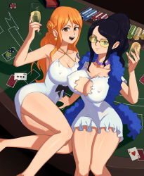 Rule 34 | 2girls, ass, bare shoulders, black hair, blue eyes, breasts, brown eyes, casino, cleavage, dress, highres, jewelry, large breasts, long hair, looking at viewer, multiple girls, nami (one piece), necklace, nico robin, nipples, one piece, one piece film: gold, orange hair, smile, sunglasses, tagme, thighs, tinted eyewear, white dress, yellow-tinted eyewear, yellow-tinted glasses